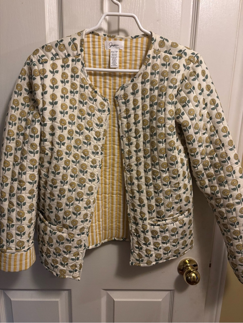 Joules Quilted Floral Jacket in White, Yellow & Green